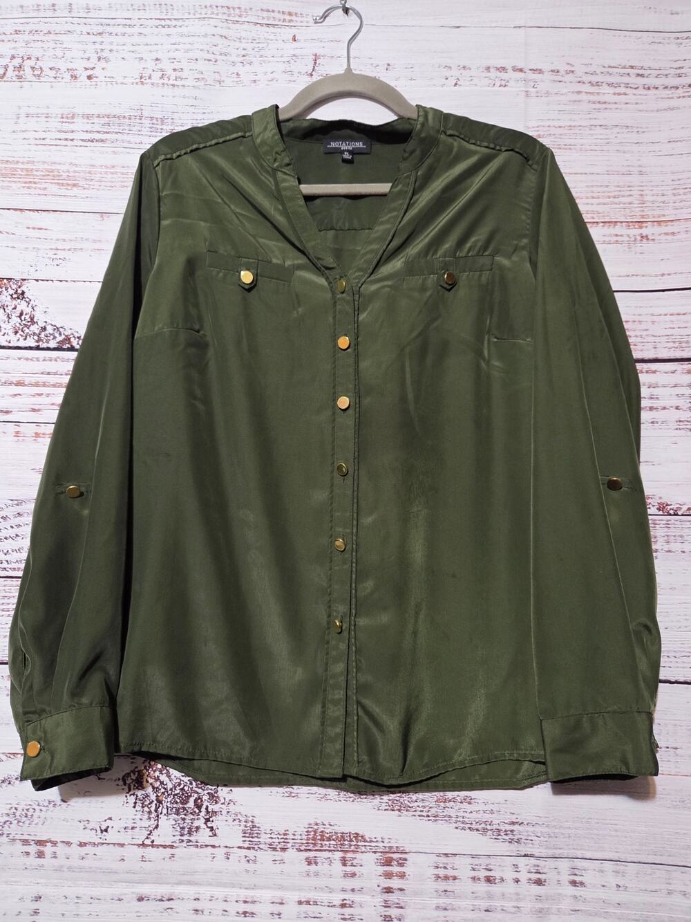 Notations Shirt Ladies Large petite Olive Green Button Front Long Sleeve Satin